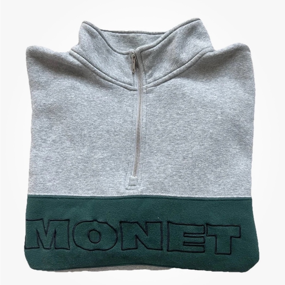Monet Skateboards quarter zip sweatshirt, unisex size large grey green (altered)